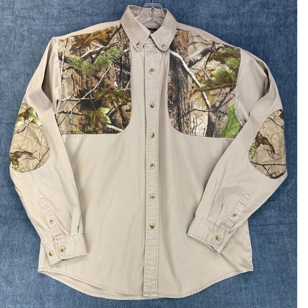 Magellan Sportswear Shirt Mens Large Khaki Cotton Regular Camo Shoulder Patch